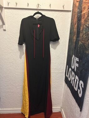 STAUD Black Maxi Dress with Burgundy and Yellow Panels